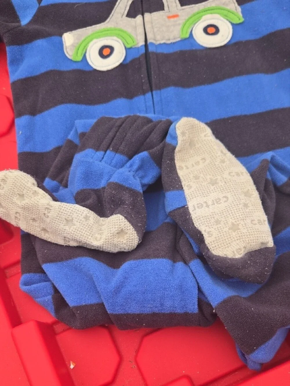 Carter's Blue & Navy Striped Kids Footed One-Piece with Car Patch